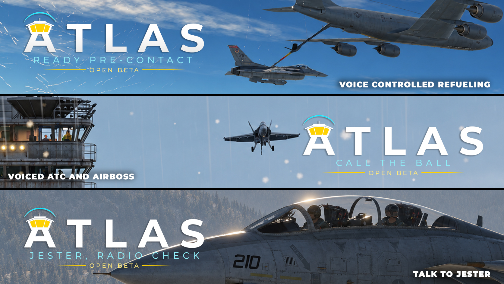 ATLAS promotional artwork showing refueling, carrier ATC and Airboss, and Jester radio