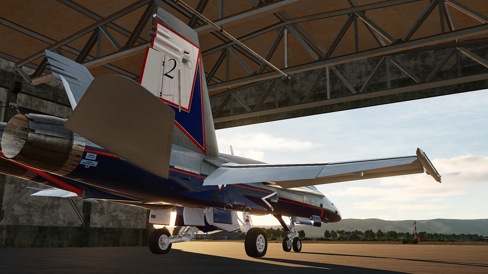 A Blue Diamonds aircraft waiting inside a hangar in DCS World