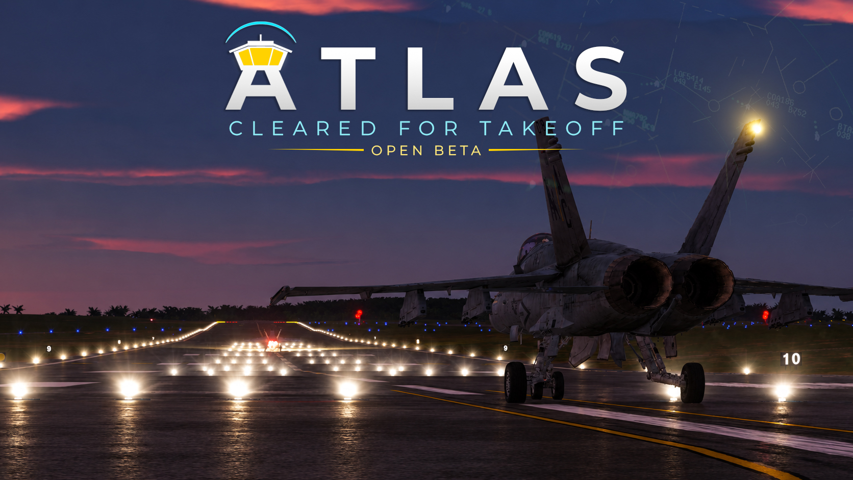 ATLAS open beta artwork: a fighter on an illuminated runway at dusk