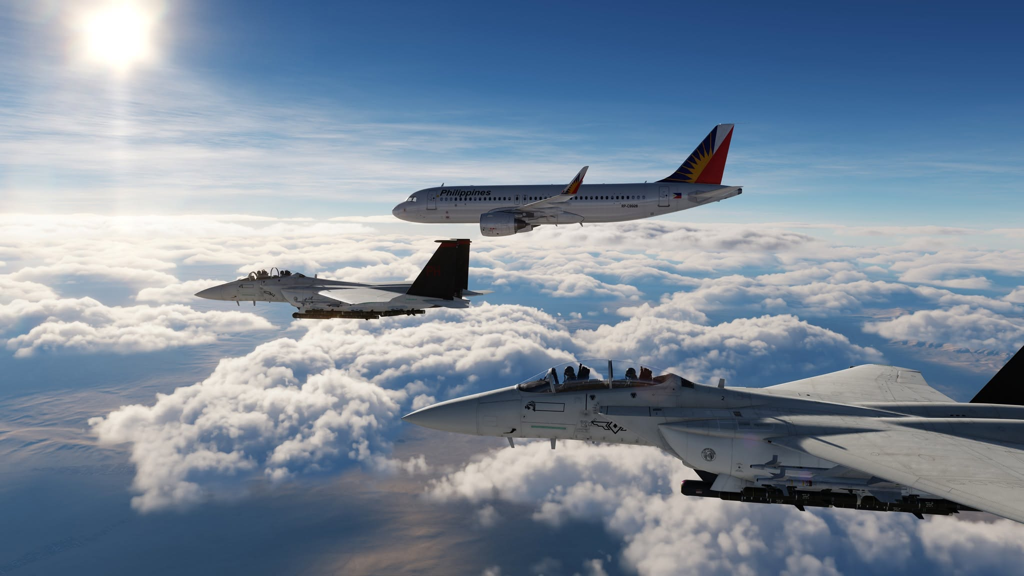 DCS Philippines fighters flying alongside a Philippine-liveried airliner above the clouds
