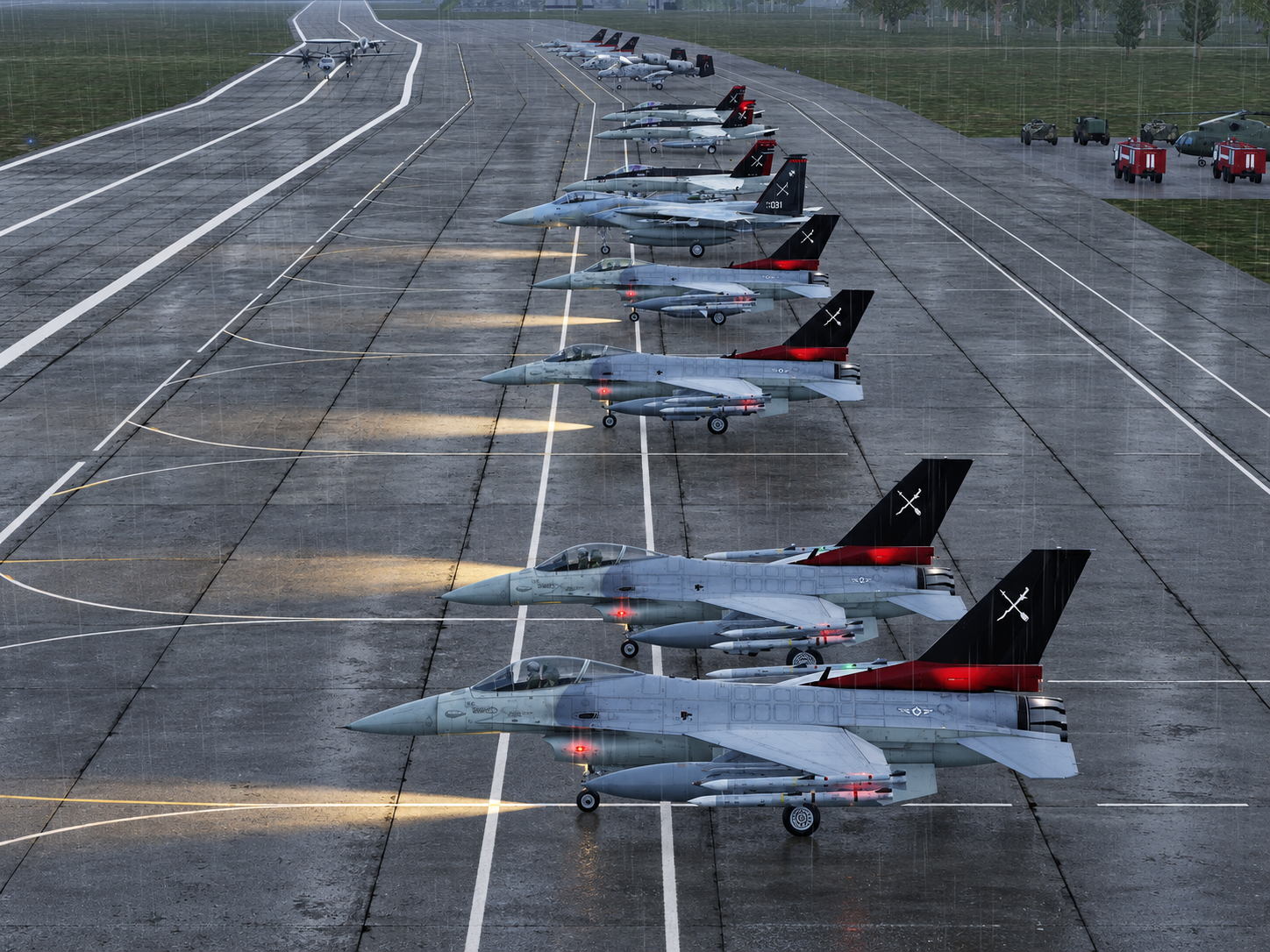 DCS Philippines fighters lined up on a rain-soaked taxiway